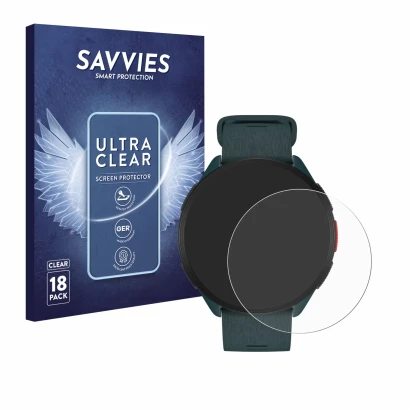 Front side of a product packaging with the brand logo Savvies. Next to it is the device Polar Pacer shown with the correspondi