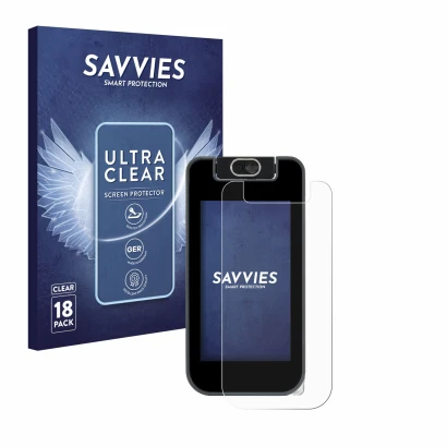 Front side of a product packaging with the brand logo Savvies. Next to it is the device Vtech KidiBuzz 3 shown with the corres