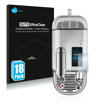 Front side of a product packaging with the brand logo Savvies. Next to it is the device Sage Nespresso Creatista Pro shown wit