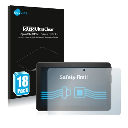 Front side of a product packaging with the brand logo Savvies. Next to it is the device Amazon Fire 7 2022 shown with the corr