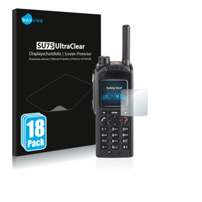 Front side of a product packaging with the brand logo Savvies. Next to it is the device Motorola MTP850 shown with the corresp