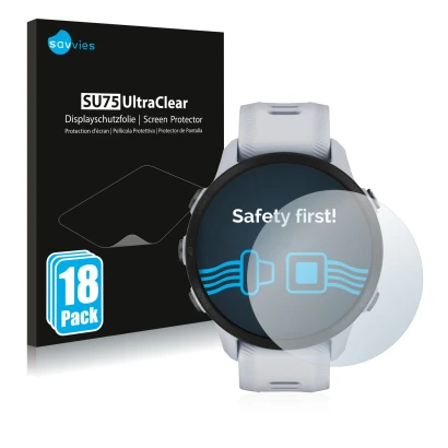 Front side of a product packaging with the brand logo Savvies. Next to it is the device Garmin Forerunner 955 shown with the c