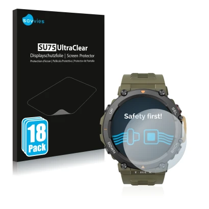 Front side of a product packaging with the brand logo Savvies. Next to it is the device Huami Amazfit T-Rex 2 shown with the c