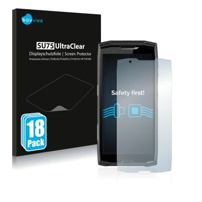 Front side of a product packaging with the brand logo Savvies. Next to it is the device Crosscall Core-X5 shown with the corre