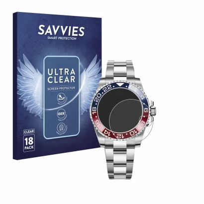 Front side of a product packaging with the brand logo Savvies. Next to it is the device Rolex GMT-Master II shown with the cor