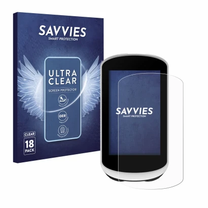 Front side of a product packaging with the brand logo Savvies. Next to it is the device Garmin Edge Explore 2 shown with the c