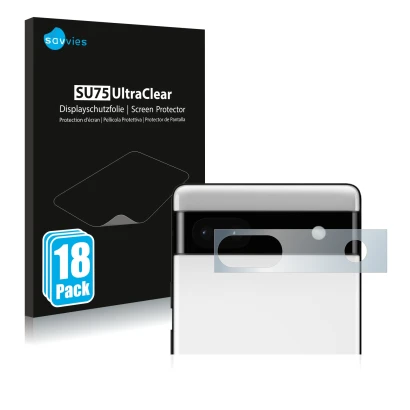 Front side of a product packaging with the brand logo Savvies. Next to it is the device Google Pixel 6a (ONLY Camera Lens) sho