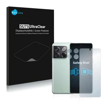 Front side of a product packaging with the brand logo Savvies. Next to it is the device OnePlus 10T 5G (Front+Camera) shown wi