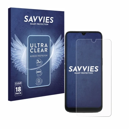 Front side of a product packaging with the brand logo Savvies. Next to it is the device Doro 8100 shown with the corresponding