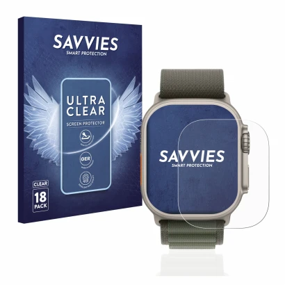 Front side of a product packaging with the brand logo Savvies. Next to it is the device Apple Watch Ultra (49 mm) shown with t