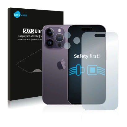 Front side of a product packaging with the brand logo Savvies. Next to it is the device Apple iPhone 14 Pro (Front+Camera) sho