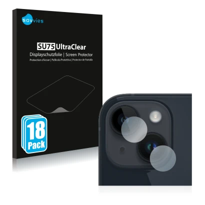 Front side of a product packaging with the brand logo Savvies. Next to it is the device Apple iPhone 14 Plus (ONLY Camera Lens