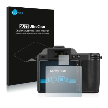 Front side of a product packaging with the brand logo Savvies. Next to it is the device Hasselblad X2D 100C shown with the cor