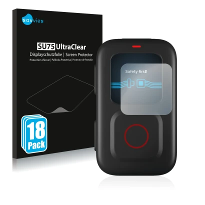 Front side of a product packaging with the brand logo Savvies. Next to it is the device GoPro Remote shown with the correspond