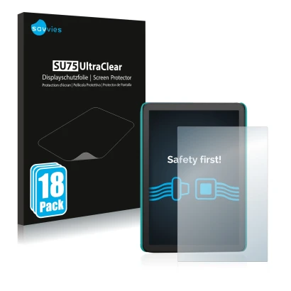 Front side of a product packaging with the brand logo Savvies. Next to it is the device Amazon Kindle Kids (2022) shown with t