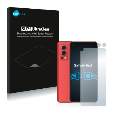 Front side of a product packaging with the brand logo Savvies. Next to it is the device OnePlus Nord 2 5G (Front+Camera) shown