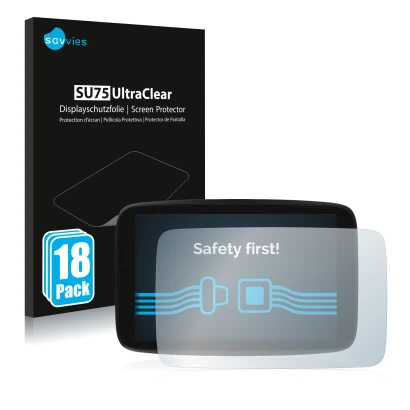 Front side of a product packaging with the brand logo Savvies. Next to it is the device TomTom GO Camper Max shown with the co