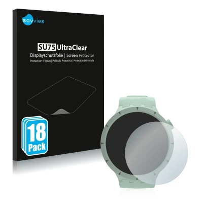 Front side of a product packaging with the brand logo Savvies. Next to it is the device Swatch Big Bold Bioceramic shown with 