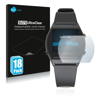 Front side of a product packaging with the brand logo Savvies. Next to it is the device Casio LW-204-1BEF shown with the corre