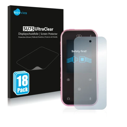 Front side of a product packaging with the brand logo Savvies. Next to it is the device Vtech Kidizoom Snap Touch shown with t