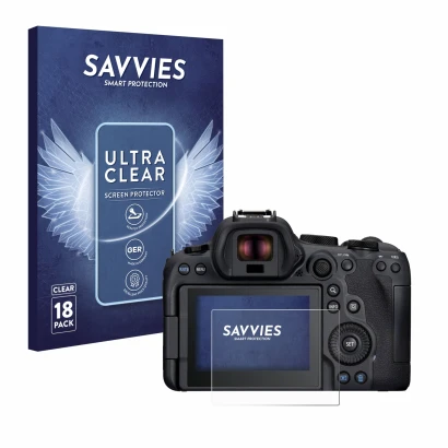 Front side of a product packaging with the brand logo Savvies. Next to it is the device Canon EOS R6 Mark II shown with the co