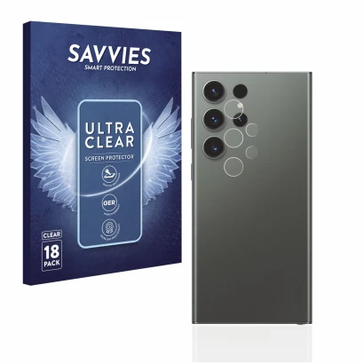 Front side of a product packaging with the brand logo Savvies. Next to it is the device Samsung Galaxy S23 Ultra (ONLY Camera 