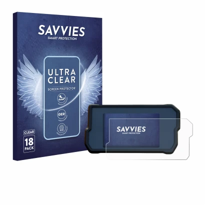 Front side of a product packaging with the brand logo Savvies. Next to it is the device KTM 390 Duke 2019 shown with the corre