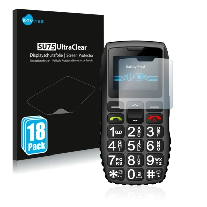 Front side of a product packaging with the brand logo Savvies. Next to it is the device artfone C1 Plus shown with the corresp
