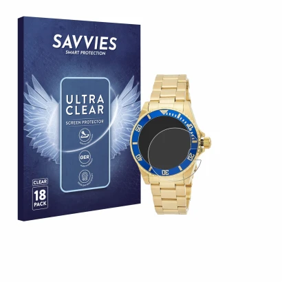 Front side of a product packaging with the brand logo Savvies. Next to it is the device Invicta Pro Diver 8930OB (40mm) shown 