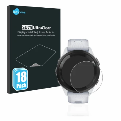 Front side of a product packaging with the brand logo Savvies. Next to it is the device Garmin Forerunner 265 (46 mm) shown wi