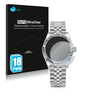 Front side of a product packaging with the brand logo Savvies. Next to it is the device Rolex Datejust 31 shown with the corre