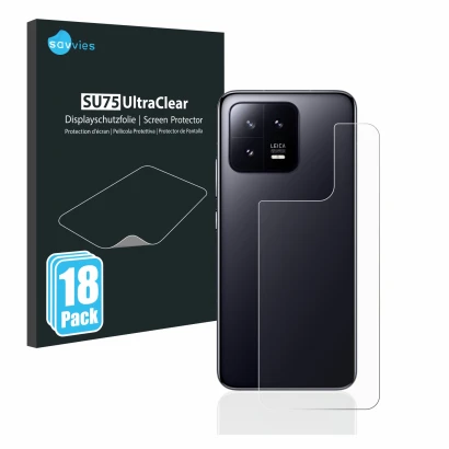 Front side of a product packaging with the brand logo Savvies. Next to it is the device Xiaomi 13 (Back) shown with the corres