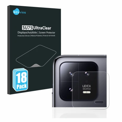 Front side of a product packaging with the brand logo Savvies. Next to it is the device Xiaomi 13 (ONLY Camera Lens) shown wit