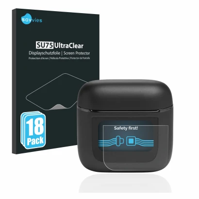 Front side of a product packaging with the brand logo Savvies. Next to it is the device JBL Tour Pro 2 shown with the correspo