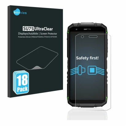 Front side of a product packaging with the brand logo Savvies. Next to it is the device Doogee S41 Pro shown with the correspo