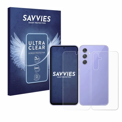 Front side of a product packaging with the brand logo Savvies. Next to it is the device Samsung Galaxy A54 5G (Front+Back) sho