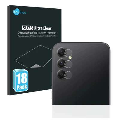 Front side of a product packaging with the brand logo Savvies. Next to it is the device Samsung Galaxy A34 5G (ONLY Camera Len