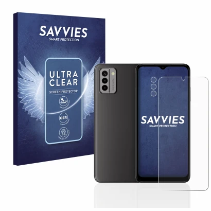 Front side of a product packaging with the brand logo Savvies. Next to it is the device Nokia G22 (Front+Camera) shown with th