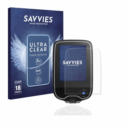 Front side of a product packaging with the brand logo Savvies. Next to it is the device Freestyle Libre 3 shown with the corre