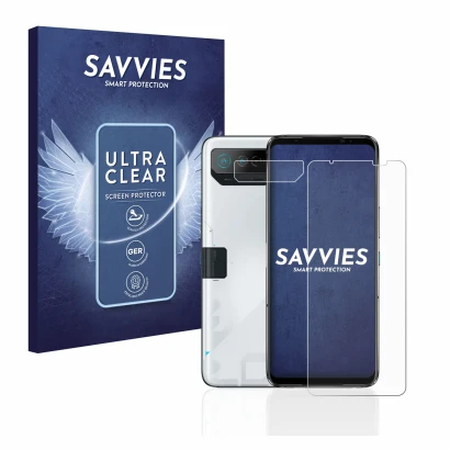 Front side of a product packaging with the brand logo Savvies. Next to it is the device ASUS ROG Phone 7 (Front+Camera) shown 
