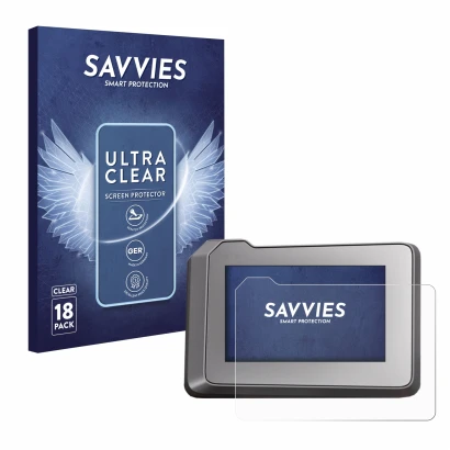 Front side of a product packaging with the brand logo Savvies. Next to it is the device KTM 1290 Super Duke R 2022 TFT-Display