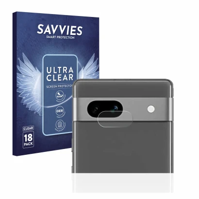 Front side of a product packaging with the brand logo Savvies. Next to it is the device Google Pixel 7a (ONLY Camera Lens) sho