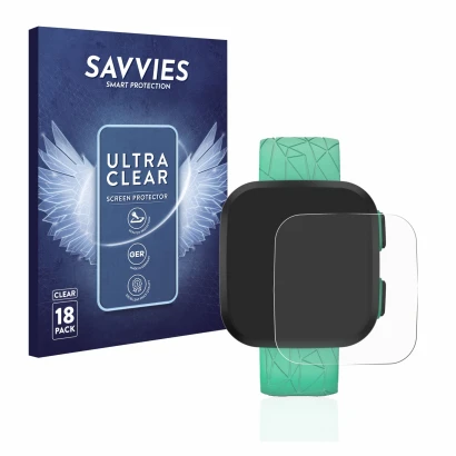 Front side of a product packaging with the brand logo Savvies. Next to it is the device Garmin Bounce shown with the correspon