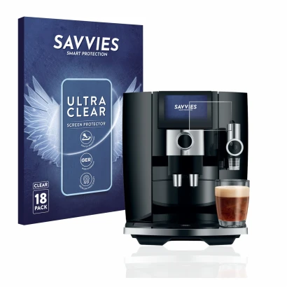 Front side of a product packaging with the brand logo Savvies. Next to it is the device Jura J8 shown with the corresponding s