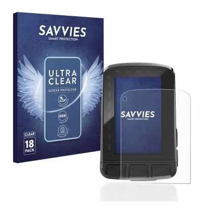 Front side of a product packaging with the brand logo Savvies. Next to it is the device Wahoo Elemnt Roam 2 shown with the cor