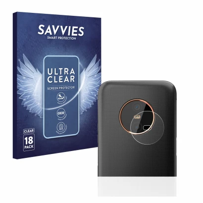 Front side of a product packaging with the brand logo Savvies. Next to it is the device Gigaset GX6 (ONLY Camera Lens) shown w