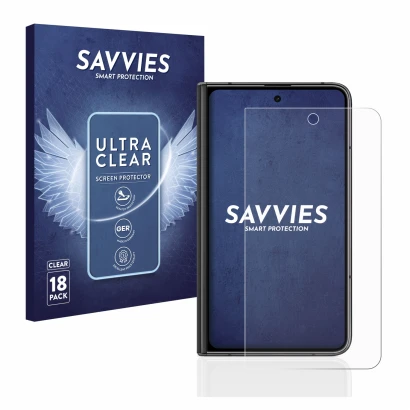 Front side of a product packaging with the brand logo Savvies. Next to it is the device Google Pixel Fold (Outer display) show