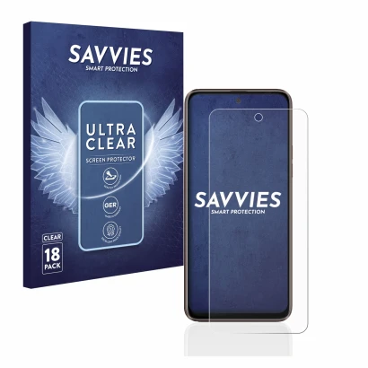 Front side of a product packaging with the brand logo Savvies. Next to it is the device HTC U23 Pro shown with the correspondi