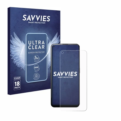 Front side of a product packaging with the brand logo Savvies. Next to it is the device Unihertz Luna shown with the correspon