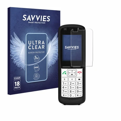 Front side of a product packaging with the brand logo Savvies. Next to it is the device Unify OpenScape DECT Phone R6 shown wi
